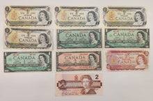 Load image into Gallery viewer, Circulated 1954, '67, '73, '74, '86 Canadian $1, $2 Bill
